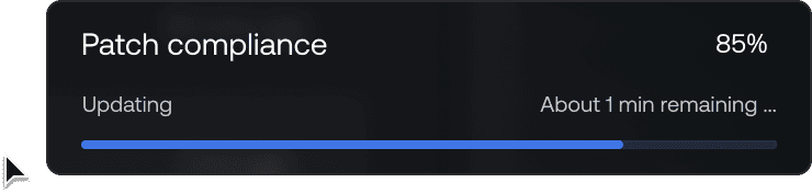 Patch Management dashboard showing device details, compliance, installed/installable patches, and vulnerabilities while an update is being installed