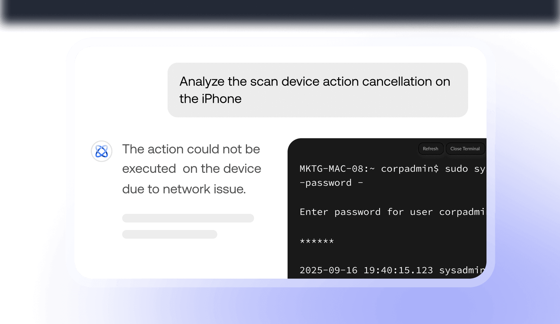 Hexnode Genie AI-powered troubleshooting for Apple devices featuring real-time log analysis and remote terminal script execution.