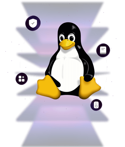 Tux surrounded by four icons representing security management, remote management, application management and report management.