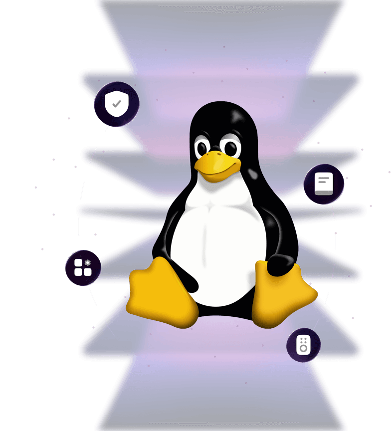 Tux surrounded by four icons representing security management, remote management, application management and report management.
