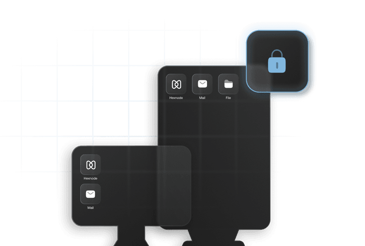 Image showing two secured devices displaying a limited set of application icons, illustrating device lockdown for business functions.