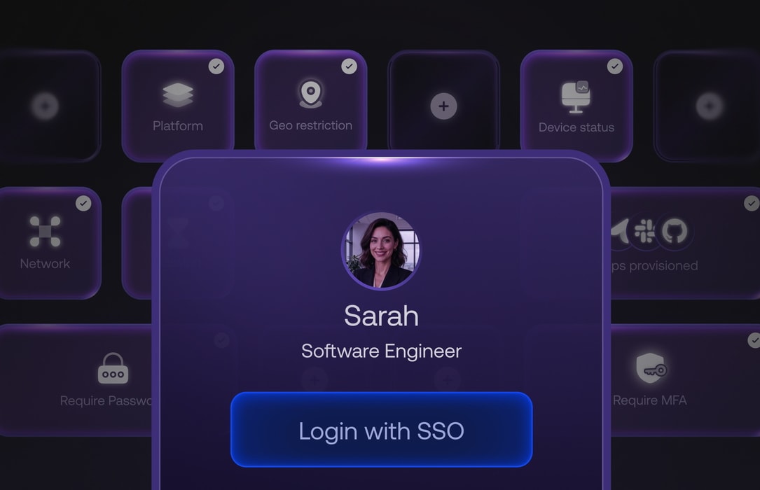 Hexnode IdP dashboard showing a user profile for "Sarah" with conditional access policies like geo-restriction, MFA, and SSO login options being set up.