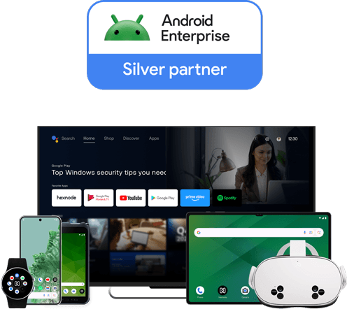 Hexnode’s Android Enterprise Silver Partner badge and Illustration of diverse Android devices (smartphone, tablet, TV, smartwatch, VR headset) managed from a single point.
