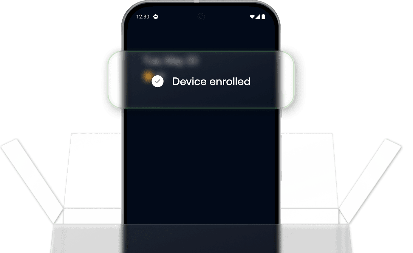 Graphic showing a device being automatically enrolled out of a box, representing Zero-Touch Onboarding via Android ZTE and Samsung Knox enrollment.