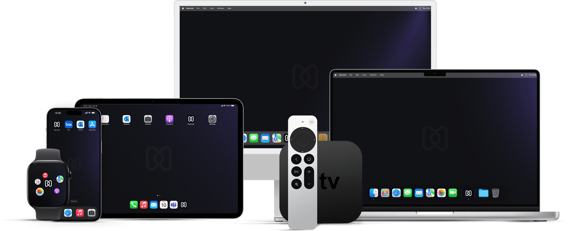 Visual layout showcasing various Apple endpoints - iPhone, iPad, Mac, Apple Watch, and Apple TV, centralized under Hexnode for complete device management.