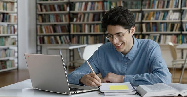 Student Chromebook managed with Hexnode, enabling secure browsing policies and classroom-ready ChromeOS devices