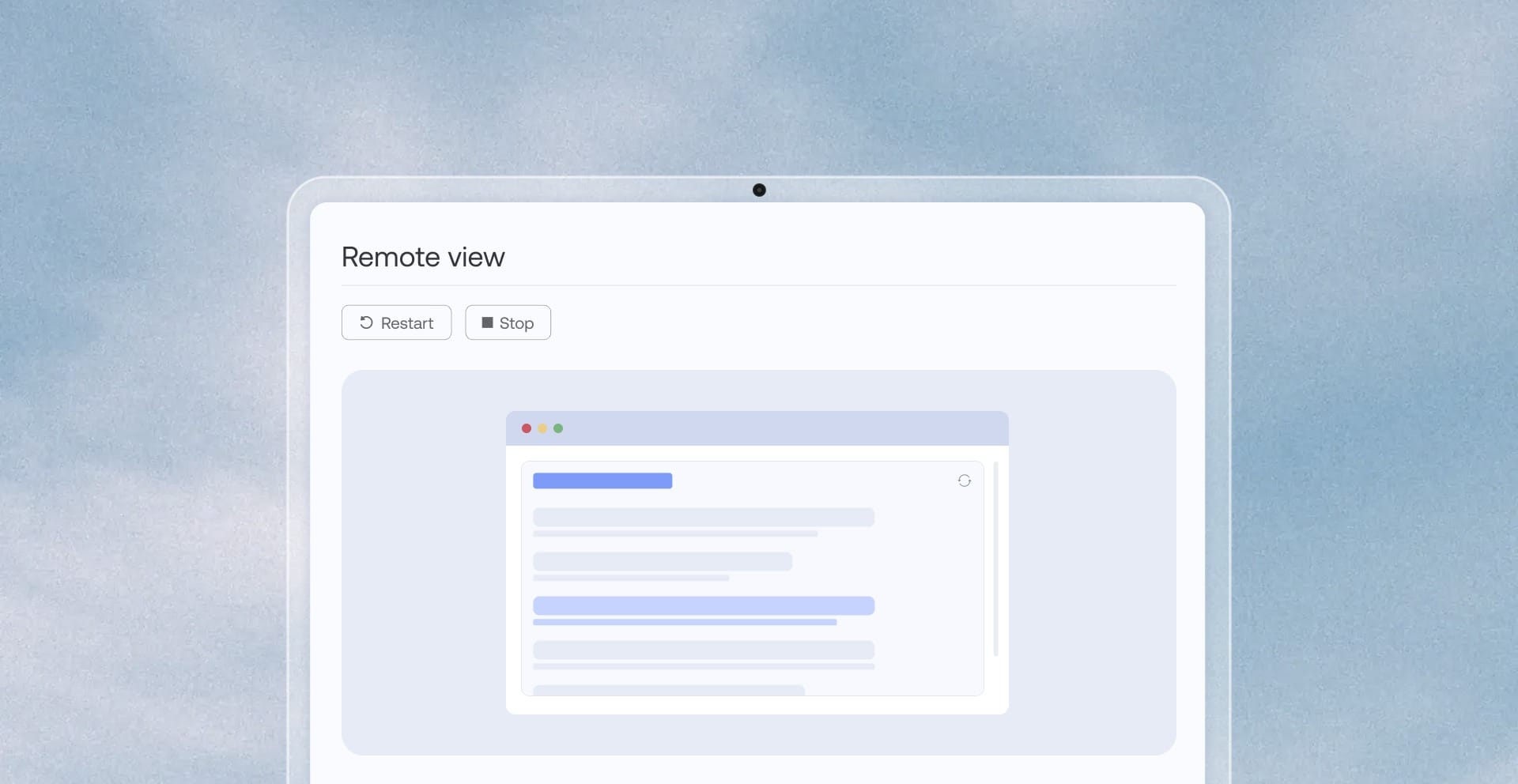 A digital interface titled Remote view showing a window preview with buttons to restart or stop the session.