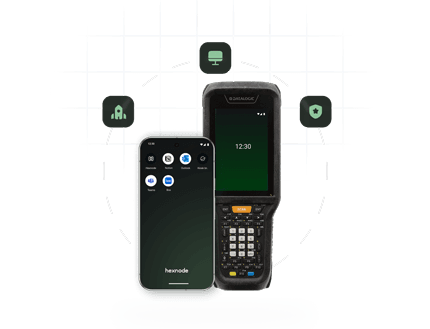 A smartphone and a rugged handheld computer displaying apps, surrounded by device management icons