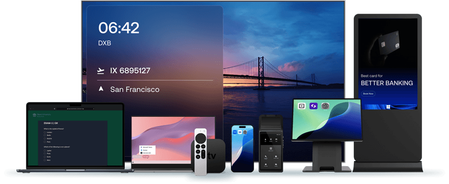 Collection of devices including laptops, smartphones, dedicated digital signage screens, etc., illustrating kiosk mode support across every platform, screen, and OS.