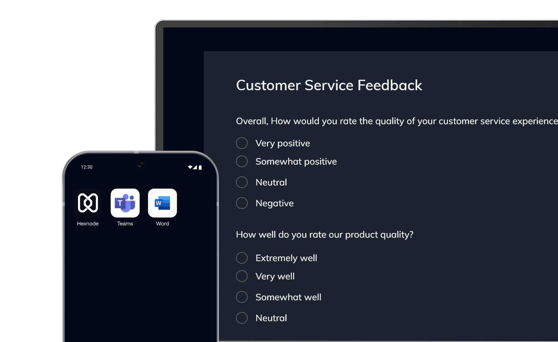 Image showing a tablet displaying a customer feedback form and a smartphone with enterprise apps, illustrating multiple kiosk lockdown options including single-app, multi-app, and web-based.