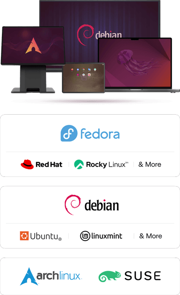A collection of digital devices with screens of different Linux distributions like Debian, Arch, Mint, and Ubuntu.