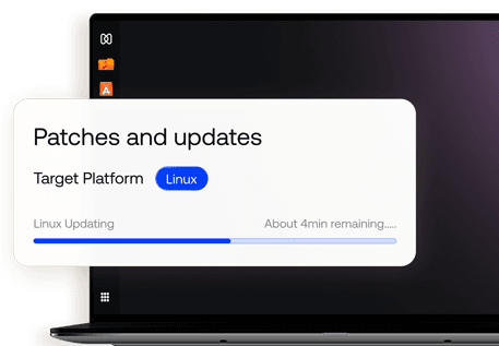A window titled 'Patches and updates' overlays a laptop screen, showing the progress bar of a Linux Update with about 4min remaining.
