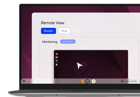 A screen on a laptop shows a 'Remote View' interface with 'Restart' and 'Stop' buttons. Below is a live remote view window displaying a Linux desktop with an orange jellyfish wallpaper and a visible mouse cursor.