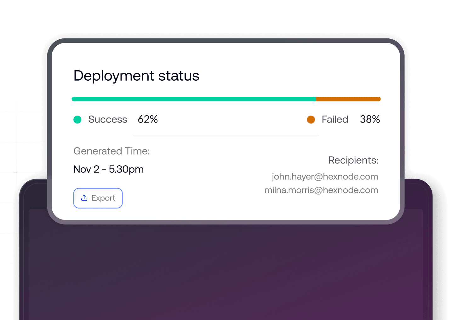 Automated deployment status report showing success and failure rates for IT software updates and security patches.
