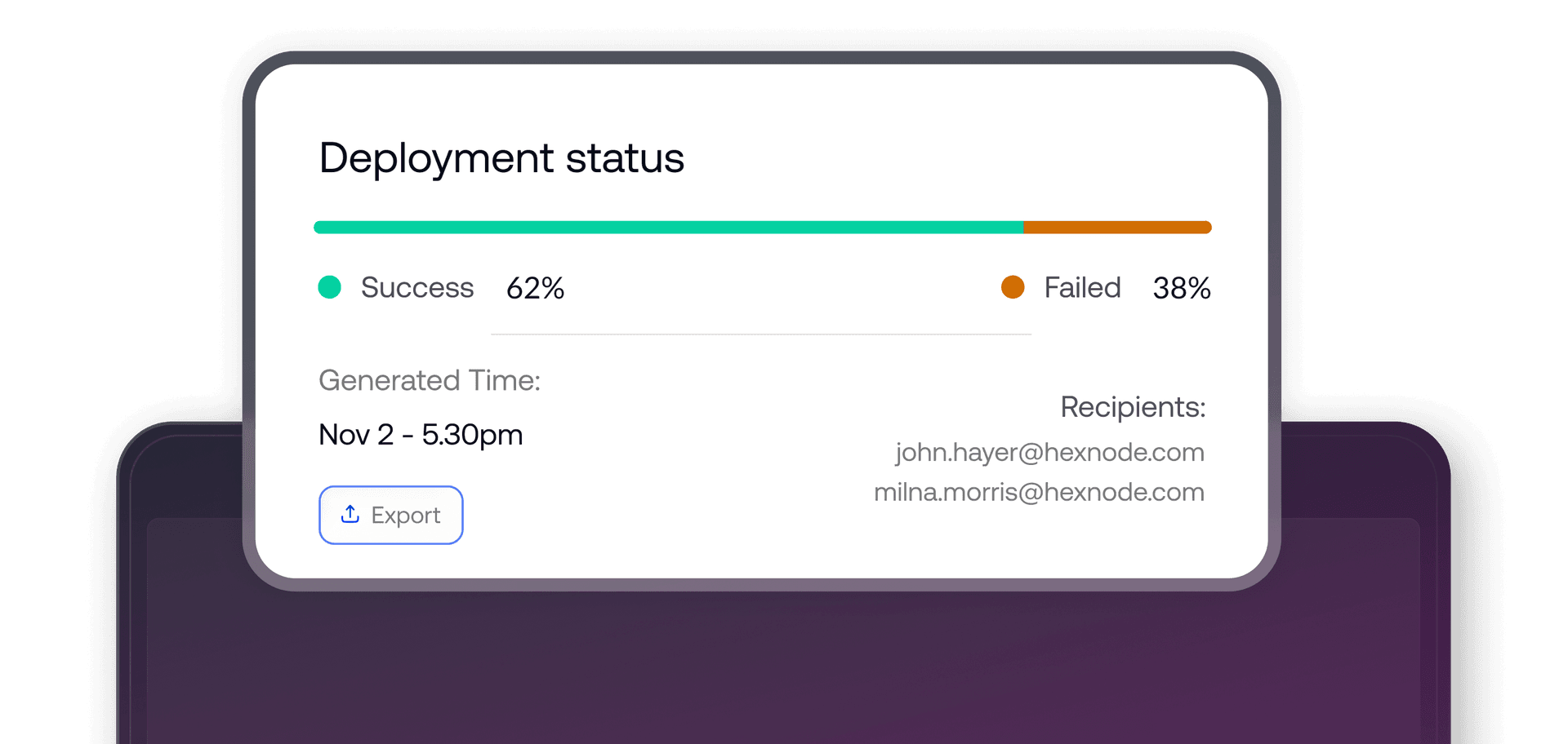 Automated deployment status report showing success and failure rates for IT software updates and security patches.