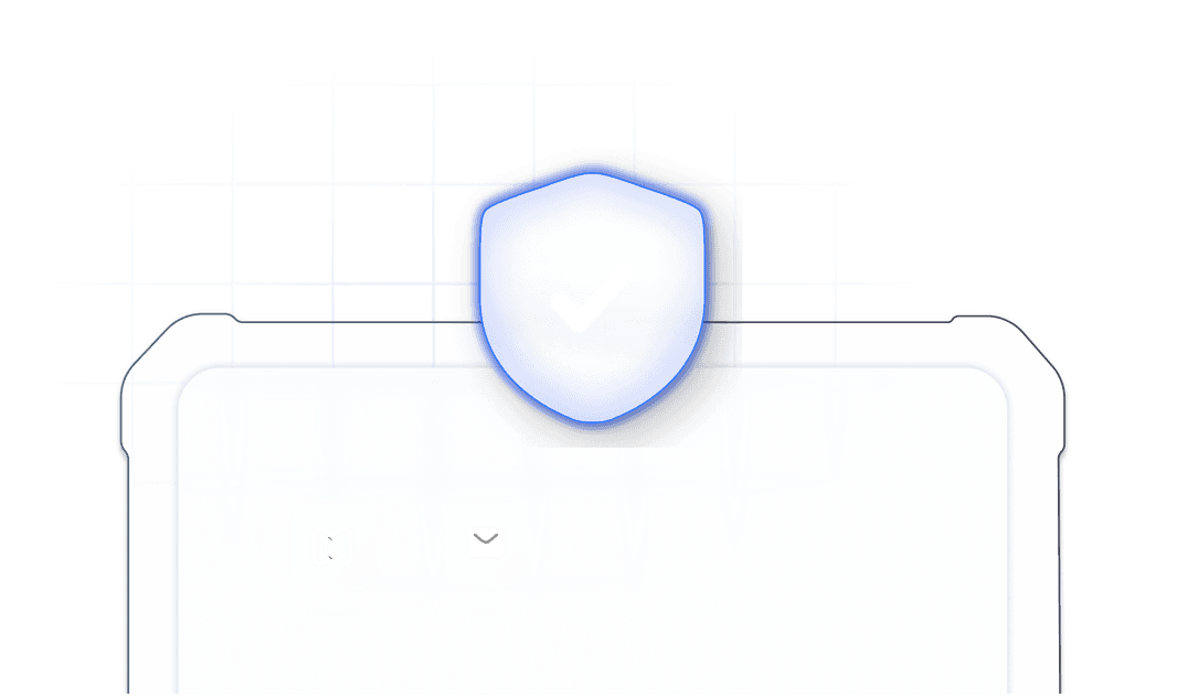 Abstract graphic of a shield with a checkmark over a tablet, representing advanced device security features like password enforcement, encryption, web filtering, and remote data wipe.
