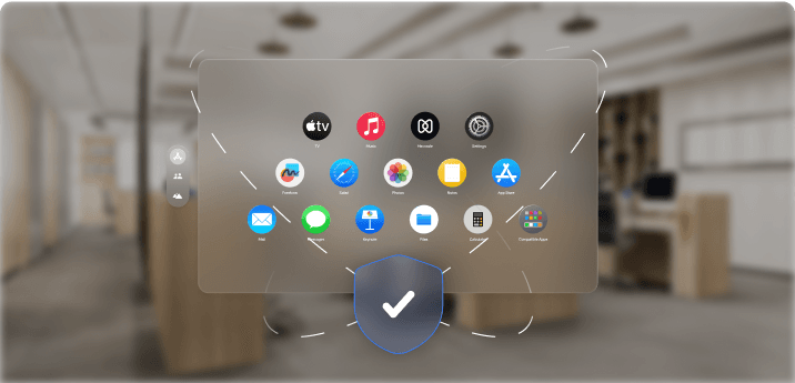 A transparent Vision Pro displaying a grid of application icons, including custom apps, with a security shield icon below.